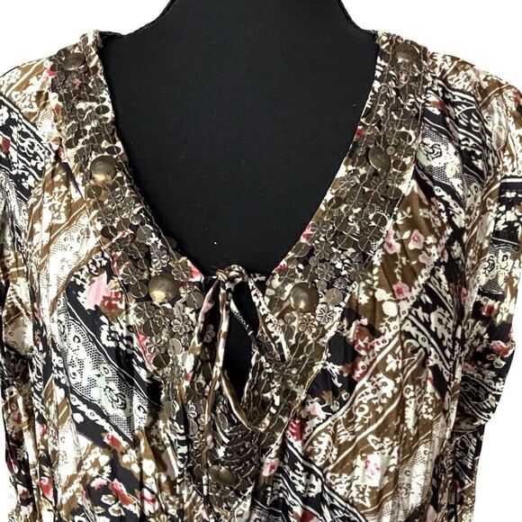 Cato Tunic Top Brown Boho Floral Crinkle Stretch Embellished VNeck - Picture 6 of 11